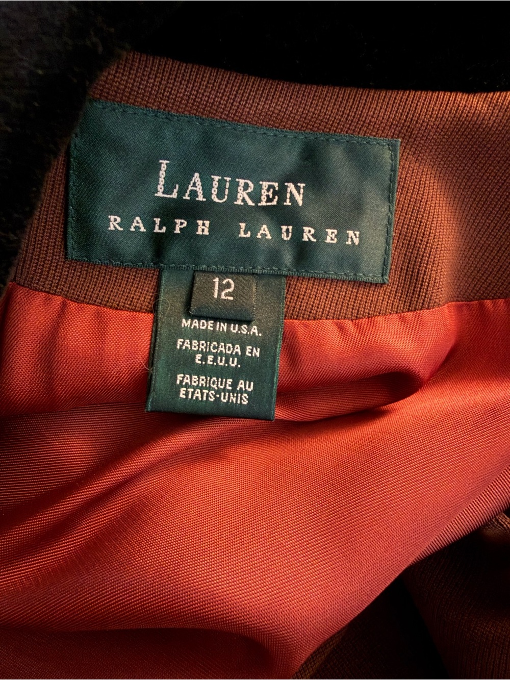 Lauren Ralph Lauren Size 12 Brown Wool Pantsuit Black Collar Made in USA - Picture 6 of 8